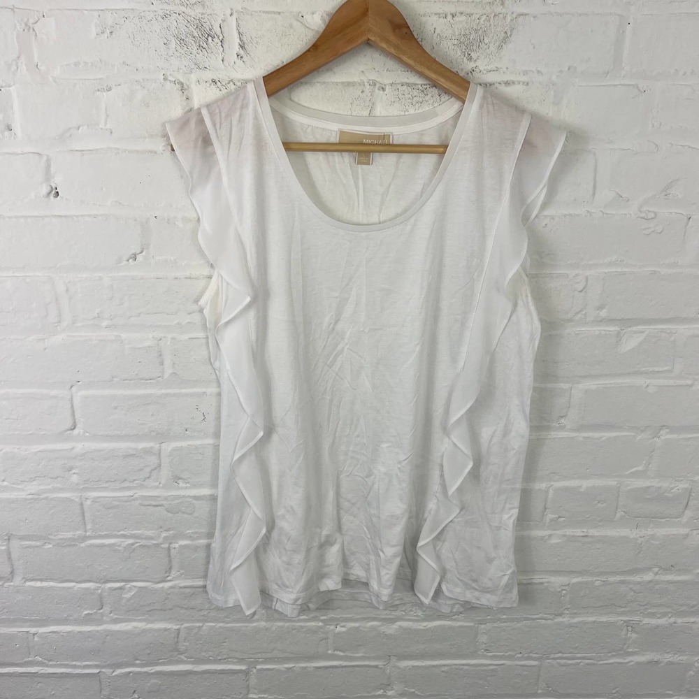 Cynthia Rowley Women's Scoop Neck Ruffle Top Blouse Short Sleeve White Size L